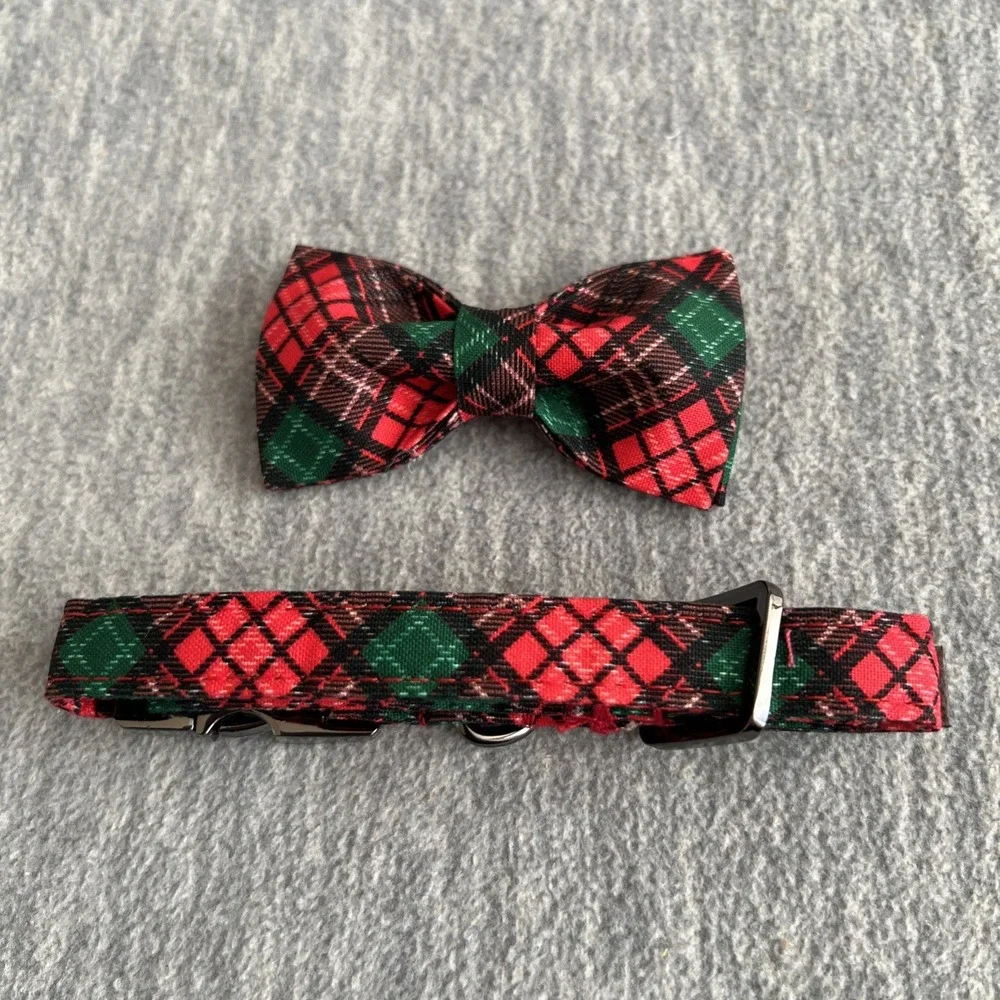 Unique Style Paws XS Dog Collar & Bow Red Green Plaid Unisex Adjustable Xmas New